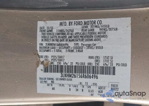 2006 Lincoln Zephyr from USA, damaged, VIN 3LNHM26156R606496